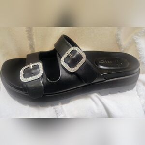 Vionic Black Leather Capitola Crystal Slides Sz 7.5